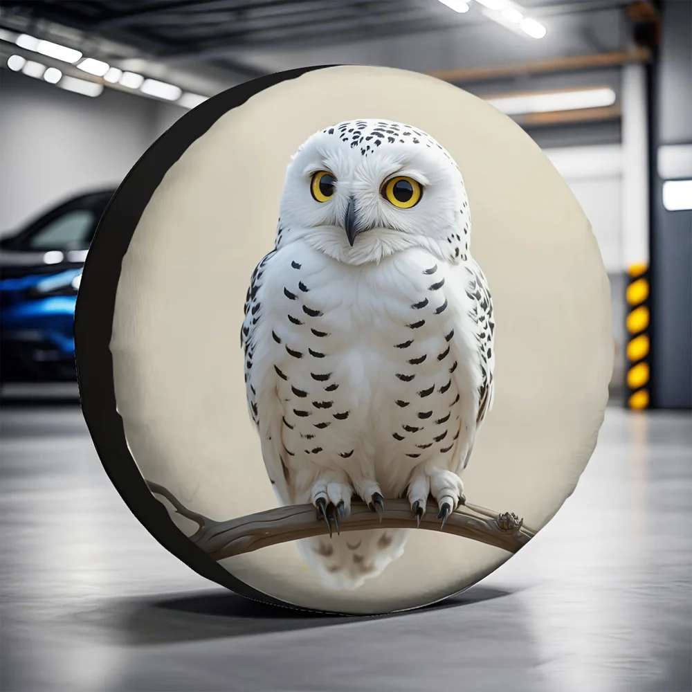 1pc 2D Flat-Printed Tire Covers Featuring A White Owl Perched On A Branch, Made From 100% Polyester, Suitable For Hotel Parking