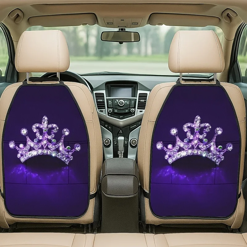 Car Seat Back Covers With Storage Pockets | Purple Diamond Tiara Print | Princess Style For Girls
