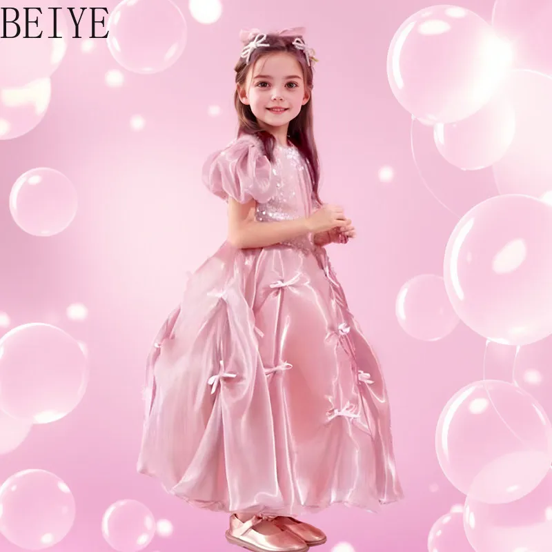 Pink Lolita Princess Dress for Girls New Fashion Style Birthday Gift Bow Pink Dress Children's Spring Summer Party Gown