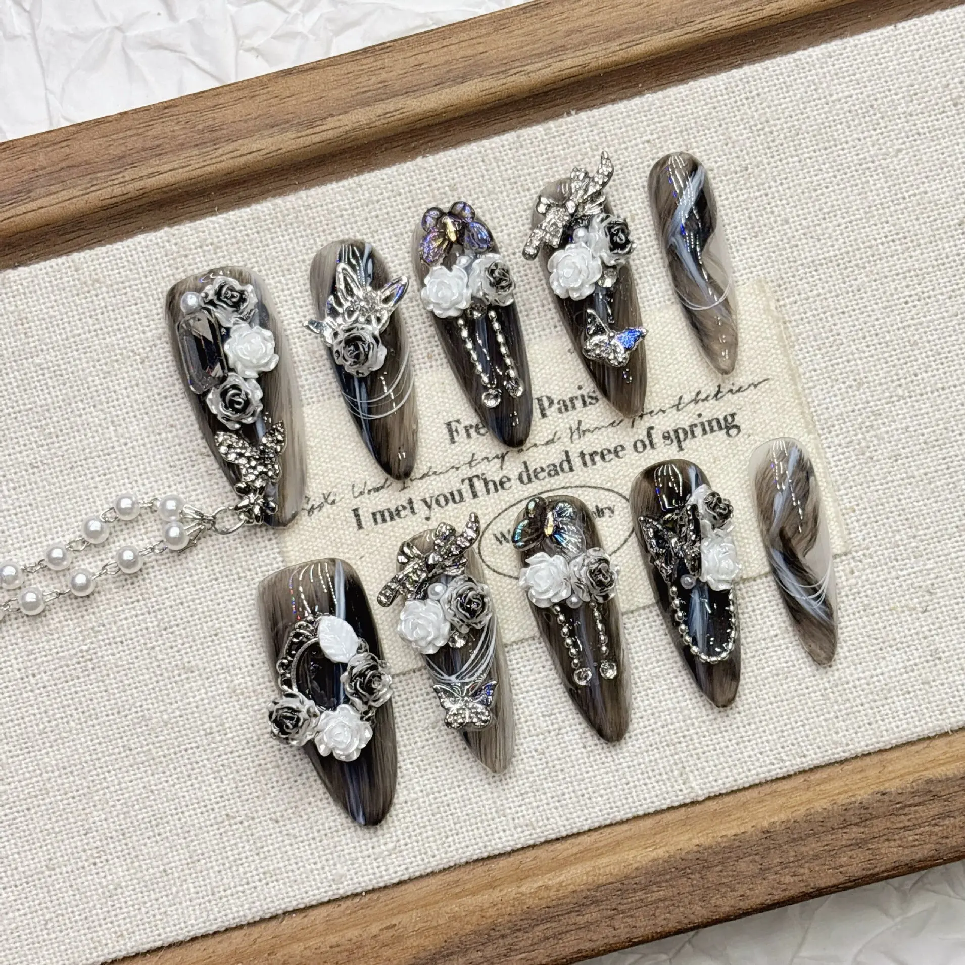 Dark Gothic Press‑On Nails Long Almond Shape Handmade False Nails With 3D Black White Rose Butterfly Pearl Chain Rhinestone Reus