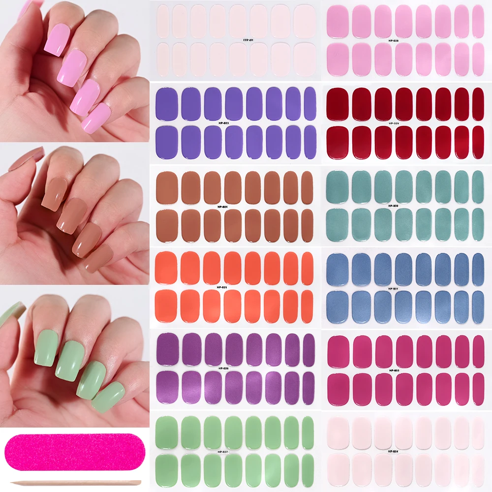 1Sheet/16Tips Semi-Cured UV Gel Nail Art Stickers Oval Solid Colord UV/Led Lamp Decals+1File&Stick Full Cover Nails Polish Wraps