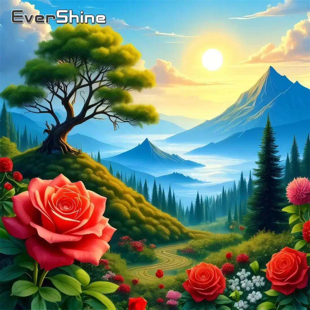 Evershine 5D DIY Diamond Painting Tree Landscape Mountain Diamond Mosaic Rose Flower Picture Rhinestones Sunset Home Decor