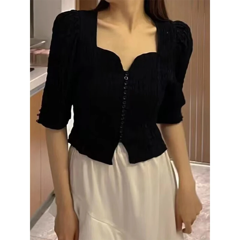 Vintage Folds T Shirt Women Elegant Black Square Collar Crop Tops Summer Office Ladies Korean Puff Short Sleeve Slim Tees New