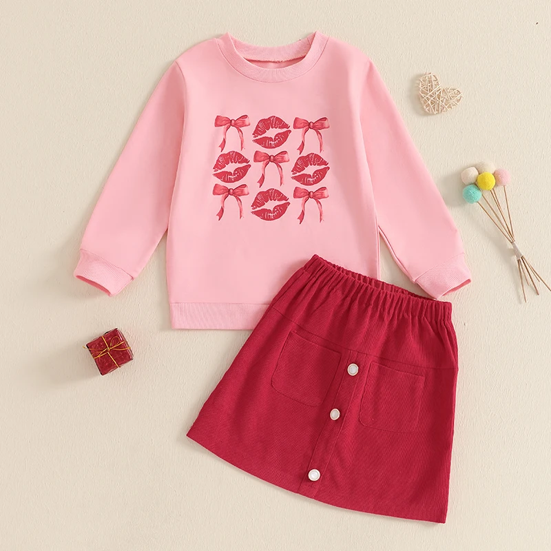 Cute Baby Girl Autumn Ensemble Adorable Bow Lip Print Sweater with Matching Button Skirt - 2 Piece Set for Toddlers