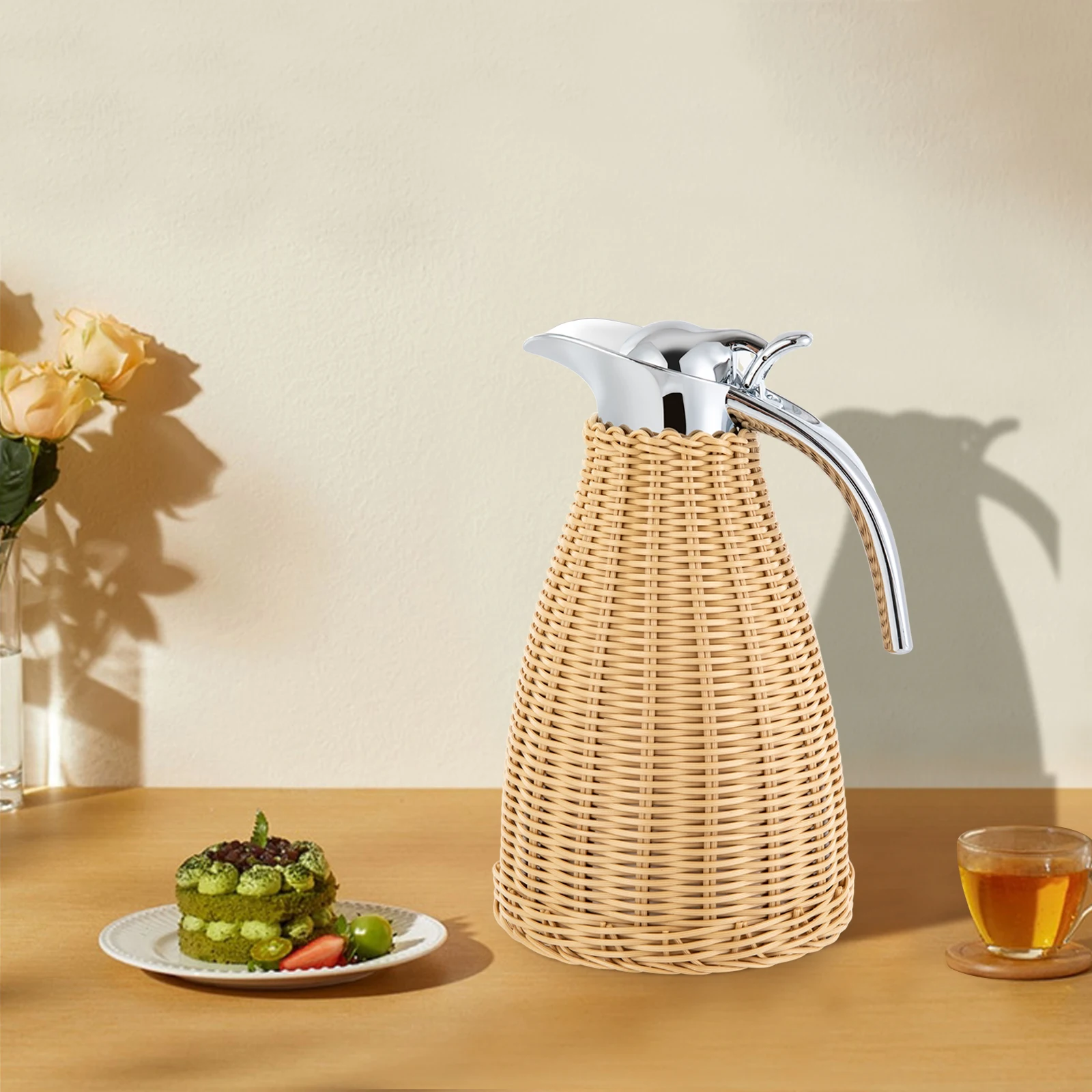 1.5L Stainless Steel Coffee Thermal Jug, Double Walled Vacuum Insualted Jug, Rattan Thermal Jug Natural