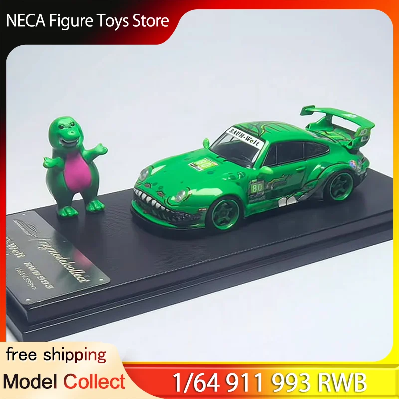 

Model Collect 1:64 RWB 993 Widebody Sports Car Diecast Model Green Dinosaur Livery With Dinosaur Figure Adults Gift Toy Kids