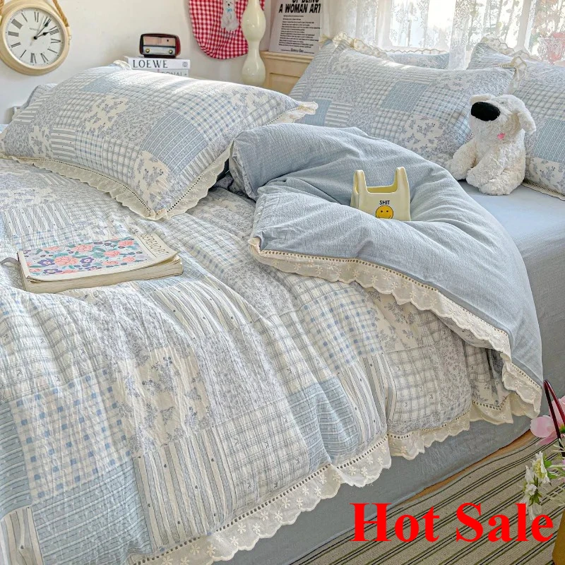 Small fresh printing French lace lace double four-piece set bedding wrinkled yarn student 3-piece set