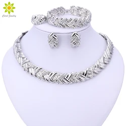 Crystal African Jewelry Sets Silver Plated Rhinestone Bridal Necklace Earrings Bracelet Ring Sets for Wedding Party Christmas