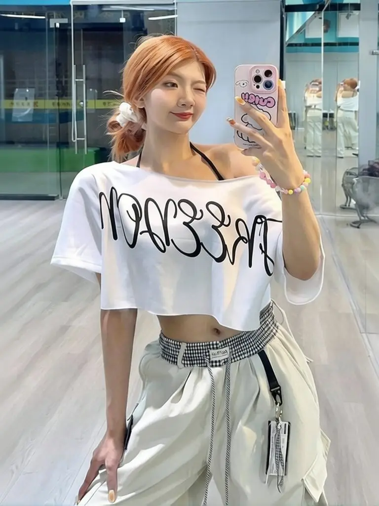 Y2k Sexy Off Shoulder Top Women Oversize Short Sleeve T-shirt Casual One Shoulder Summer Crop Top Streetwear Print White Tees