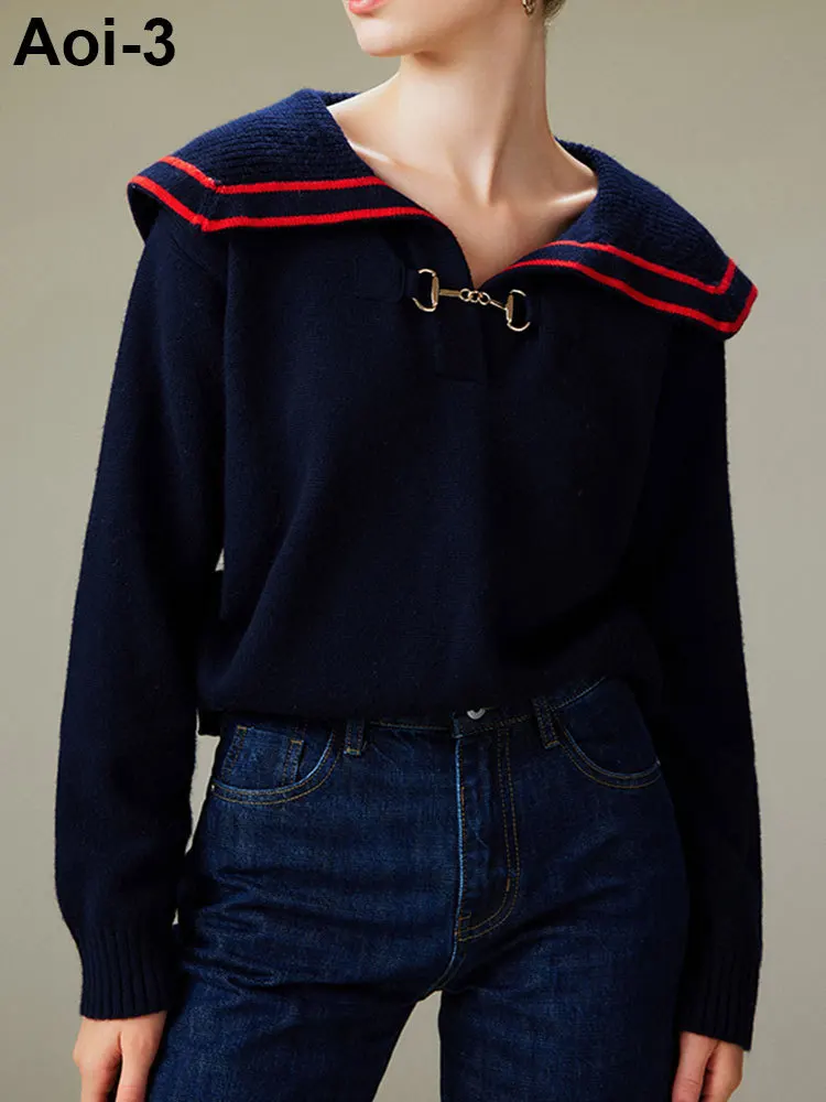 Fashion Commuter Knitted Pullover Women 23 Autumn Winter Navy Collar Contrast Color Striped Sweater Buckle Long Sleeve Loose Top