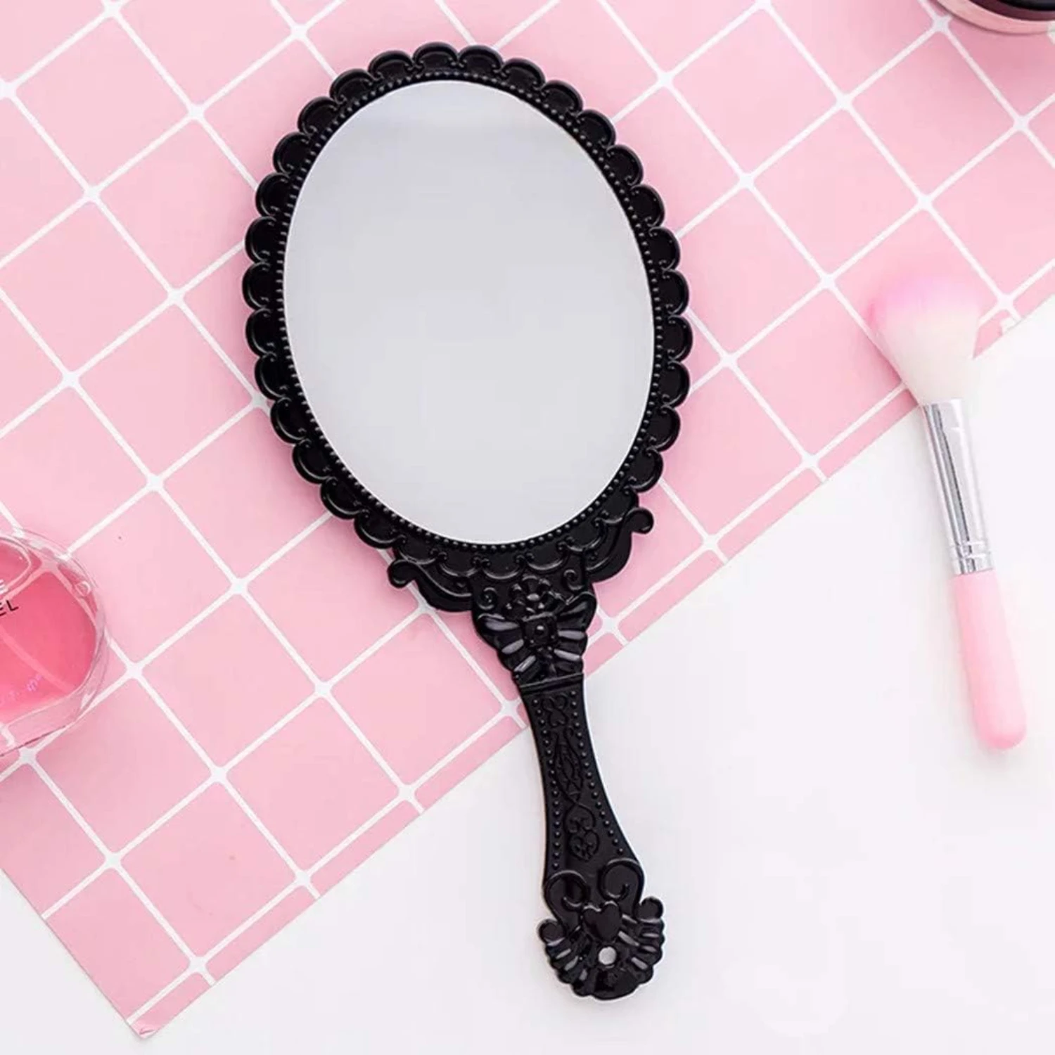 Vintage Pattern Handle Makeup  Hand Held Travel Mirrors Personal  for Girls Women