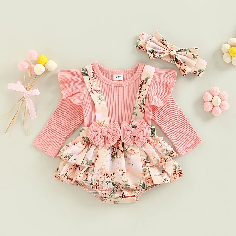 Infant Baby Girls Autumn Elastic Jumpsuit Outfit Floral Cotton Ribbed Casual Long Sleeve Splicing Rompers Headband Set