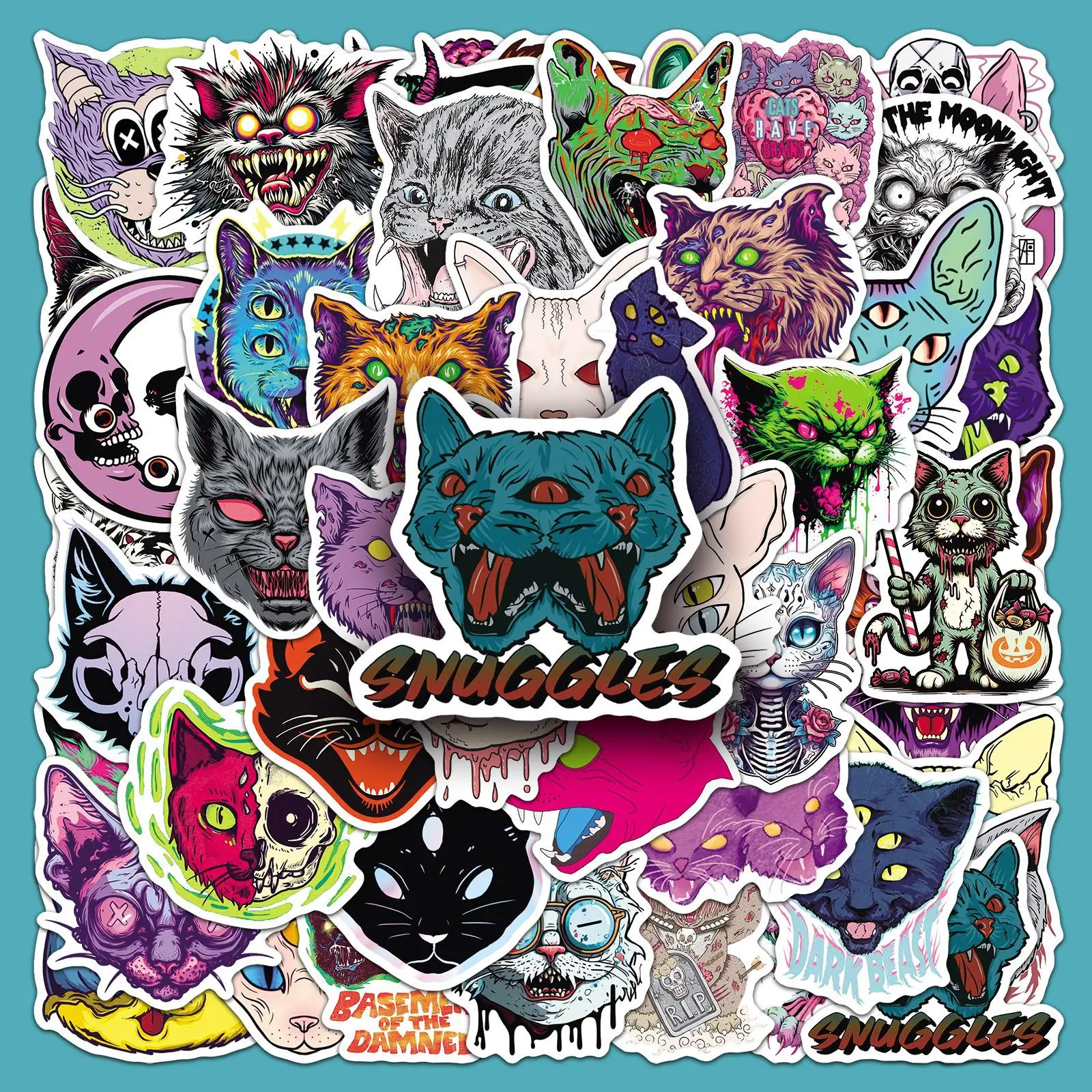 

50PCS Horror Cat Cartoon Halloween Animal Doodle Decorative Mobile Case Skateboard Suitcase Waterproof Sticker Kid's Toy