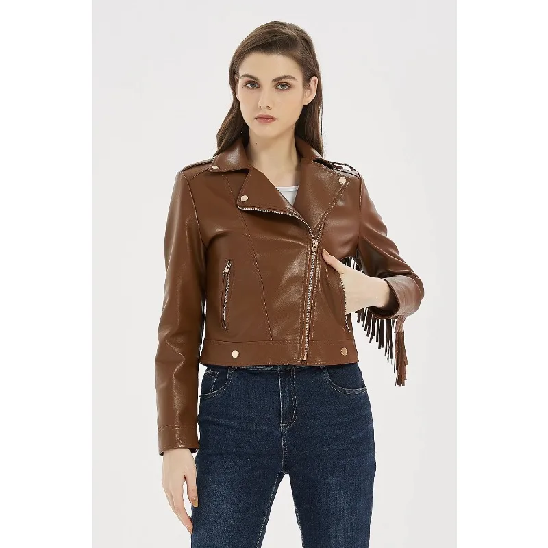 2025 الخريف الشتاء النساء خمر تخفيف سترات من الجلد البني بولي Tassel شرابة ملابس خارجية التلابيب طويلة الأكمام البريدي قصيرة سترة نسائية #5