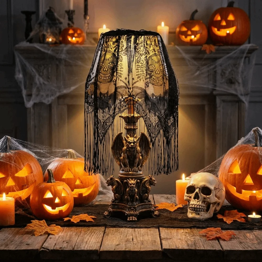 Gothic Style Lace Bat Skeleton Head Lampshade Scary Black Spider Web Lamp Shade Cover Decorative Halloween Table Cover