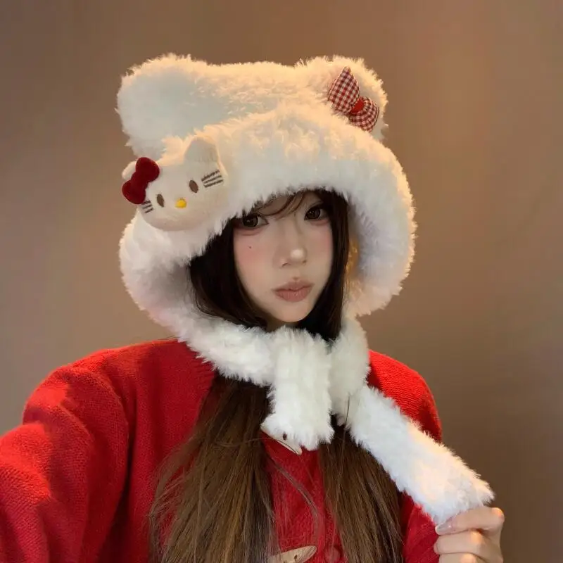 Kawaii Hello Kitty Plush Hat Sanrio Cute Girls Winter Sweet Thicken Warm Soft Hat Cartoon Fashion Bow Tie Hat Christmas Gift
