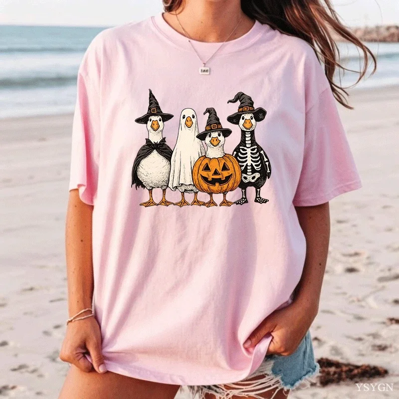 Women Crew Neck Tee Cute Halloween Ducks Witch Ghost Pumpkin Graphic Print Short Sleeve Loose Ladies Cotton Plus Size Casual Top