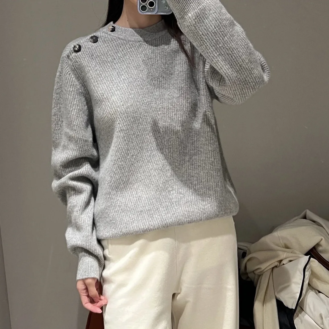 

Crew neck ribbed knitted sweater women's autumn and winter new button loose casual thick knitted sweater