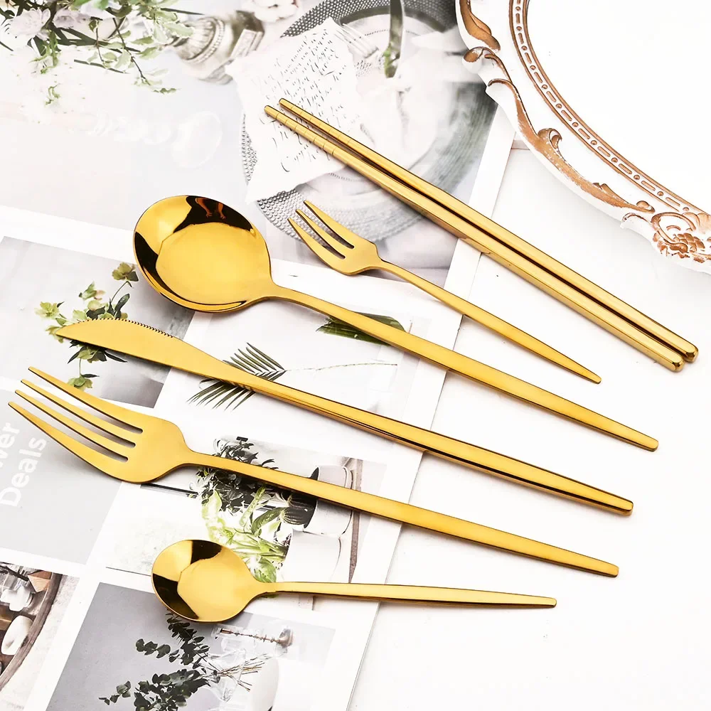6Pcs Gold Western Dinnerware Set Stainless Steel Cutlery Knife Fork Spoon Chopsticks Tableware Mirror Home Wedding Flatware Set