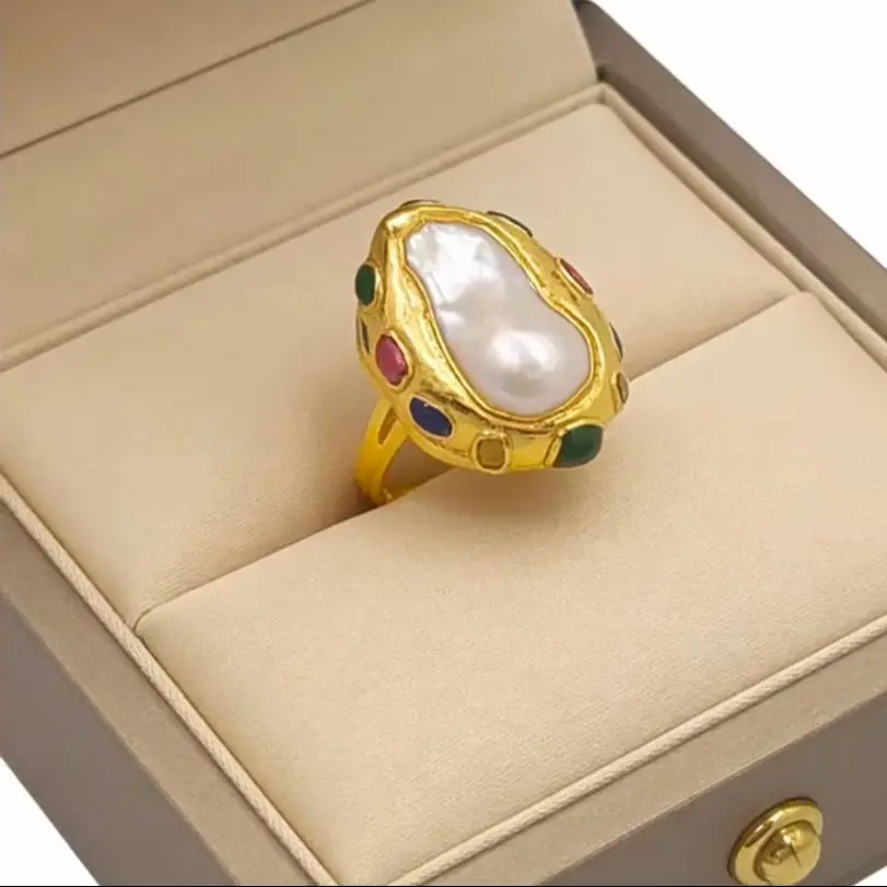 

Изысканное кольцо WT-MPR145 из зеленого нефрита и жемчуга с крупным латунным кольцом-открывашкой, унисекс, для коктейльных вечеринок, изысканное декоративное украшение