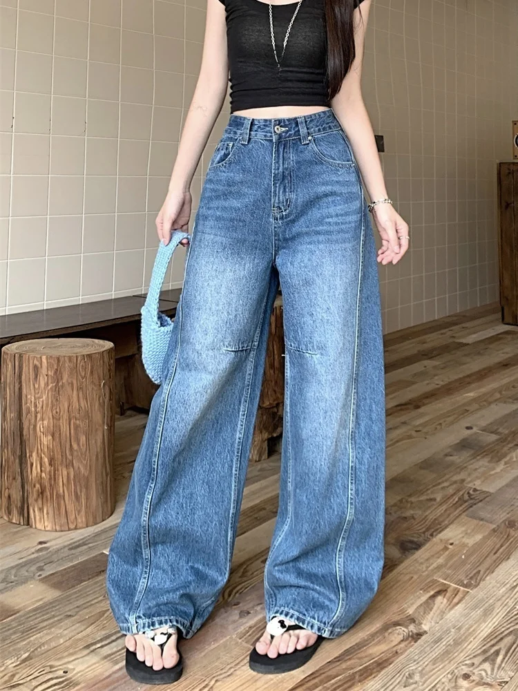 

2025 Ropa Y2K Fashion Washed Blue Pleated Baggy New Jeans Pants For Women Clothing Korean Casual Wide Leg Lady Denim Trousers