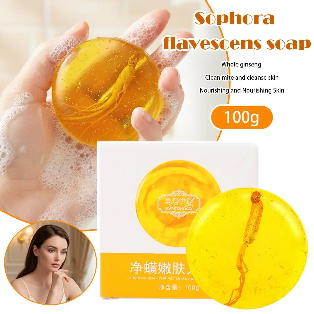 Jabón de ginseng 100g con raíz real infundida para eliminar ácaros y aclarar la piel, barra limpiadora hecha a mano con aceites esenciales naturales