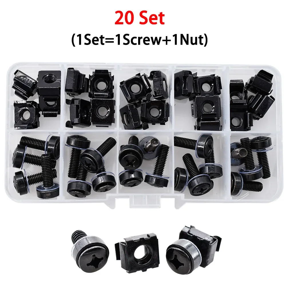 20Set M6x16mm M6x20mm Black Carbon Steel Screw Cage Nut Set For Rack Mount Server Cabinet Shelves Phillips Bolt Lock Nuts Kit