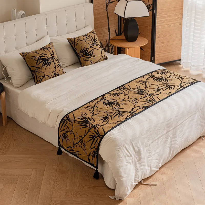 Aesthetic Oriental Bamboo Bed Runner Jacquard Bed Scarf Cover Minimalist Zen Style Bed End Towel Textured for Bedroom Decor