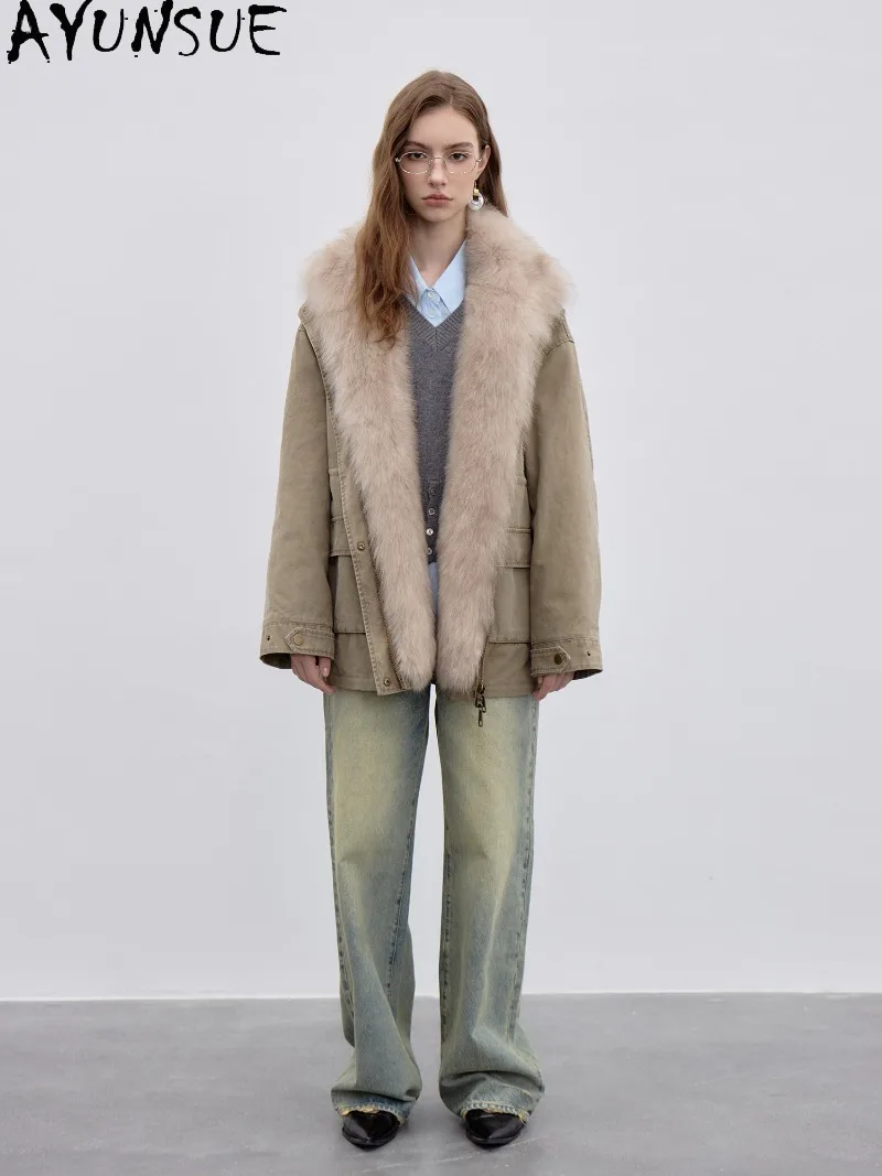 AYUNSUE 90% White Goose Down Coat Female Warm Winter Clothes Natural Fox Fur Collar Mid-length Parka Women Fashion Loose Fit