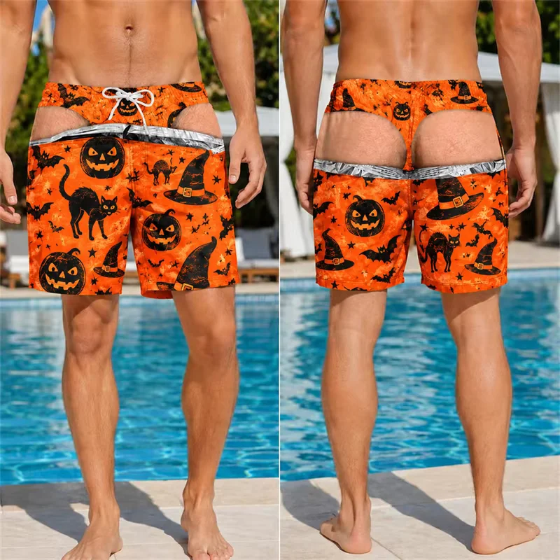 Funny 3d Hairy Butt Print Men’s Beach Shorts Halloween Pattern Novelty Swim Trunks Quick Dry Pool Party Vacation Oversized Short
