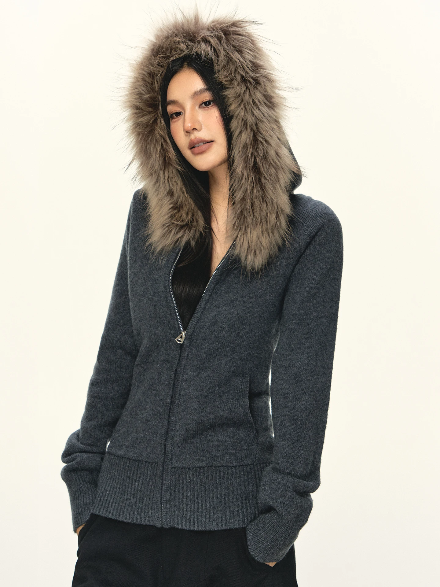 

Anna Aneae Women's ey Knitted Hoodie with Real Fur Collar Long Sve Zipper Cardigan Sle Spring Autumn Faion Top