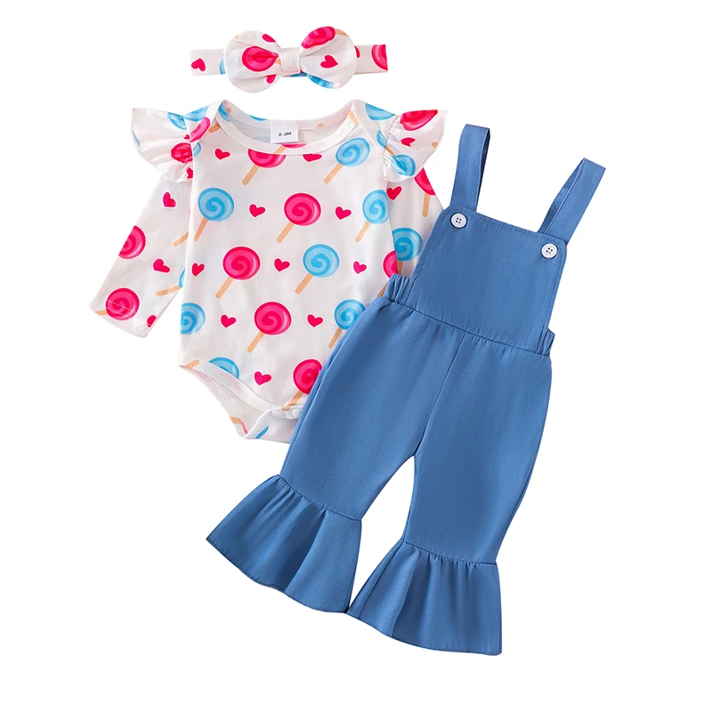 Barboteuse à manches longues et pantalon à bretelles pour bébé fille, ensemble de 3 pièces, bande de sauna, imprimé sucette