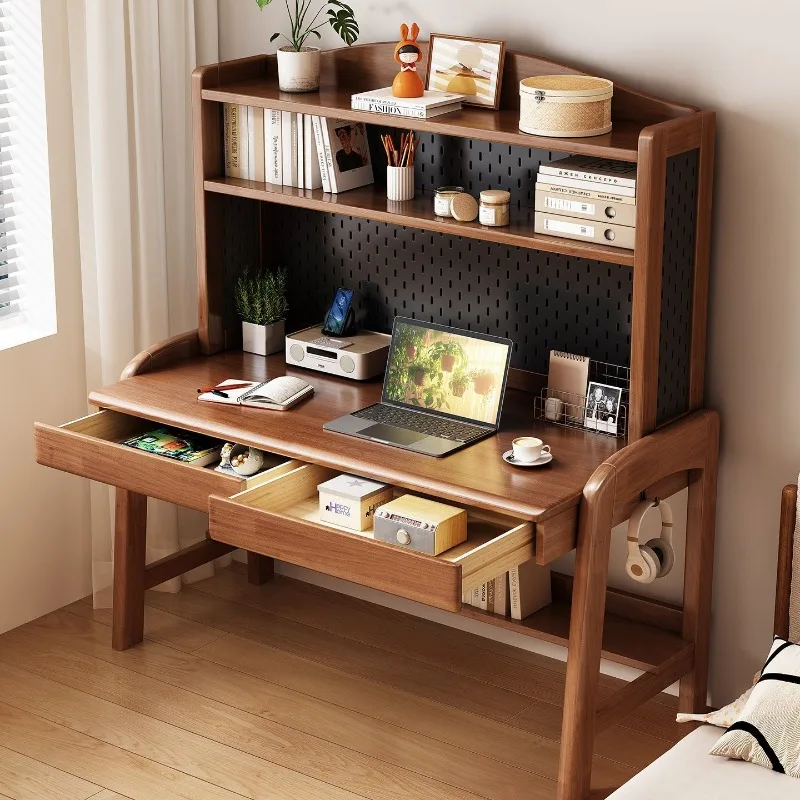 Solid wood desk with hole board bookshelf bedroom junior high school student high school student can lift writing desk