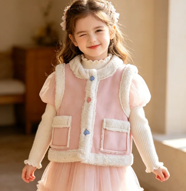 Girl Waistcoat 2026 Spring and Autumn New Children's Clothing Korean Style Girl Baby Lamb Hair Thick Fur One Waistcoat