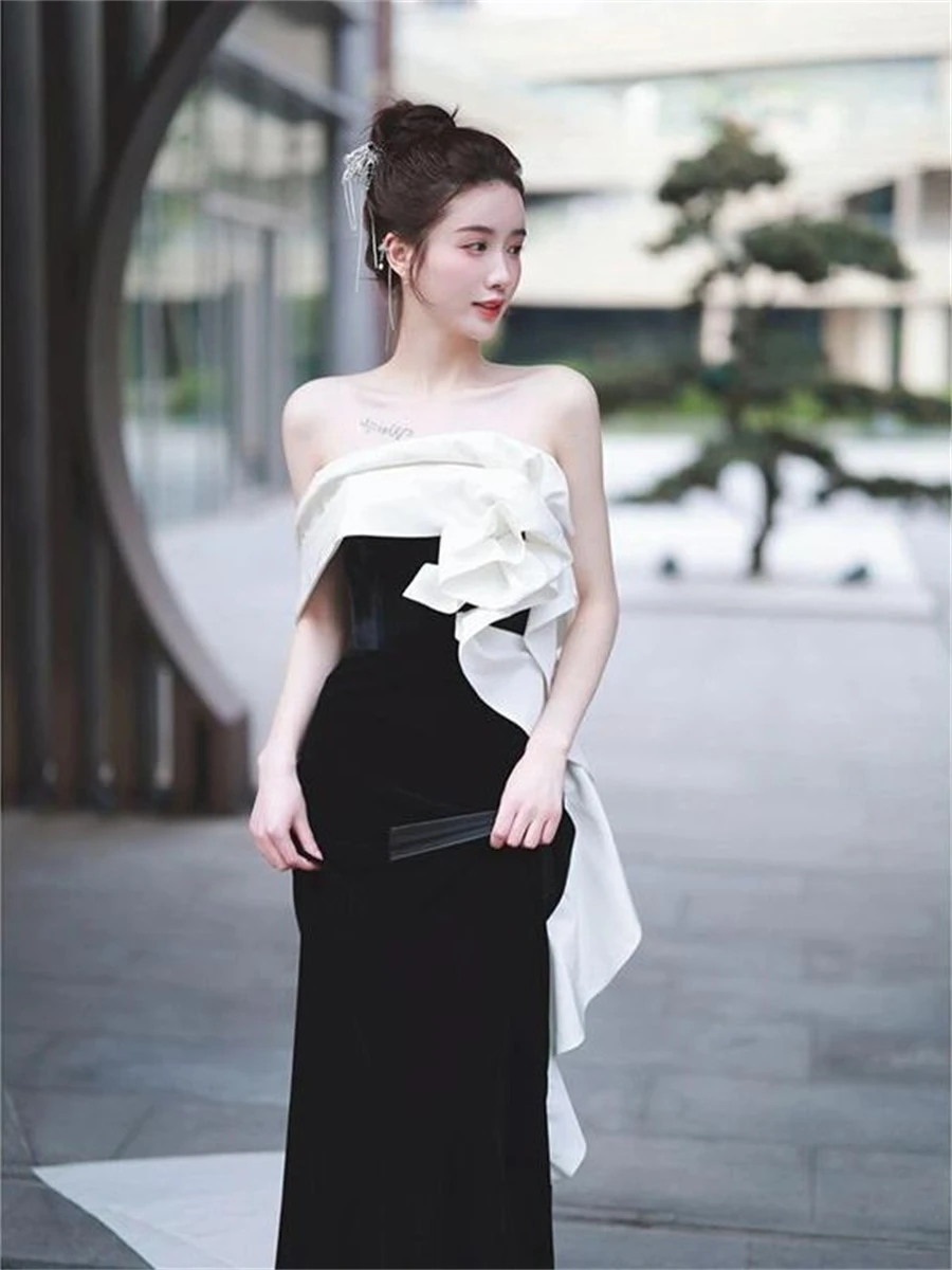 

2023 Fashion Black Velour Party Formal Dresses Woman Tube Top Long Slim Evening Dress Vestidos De Fiesta