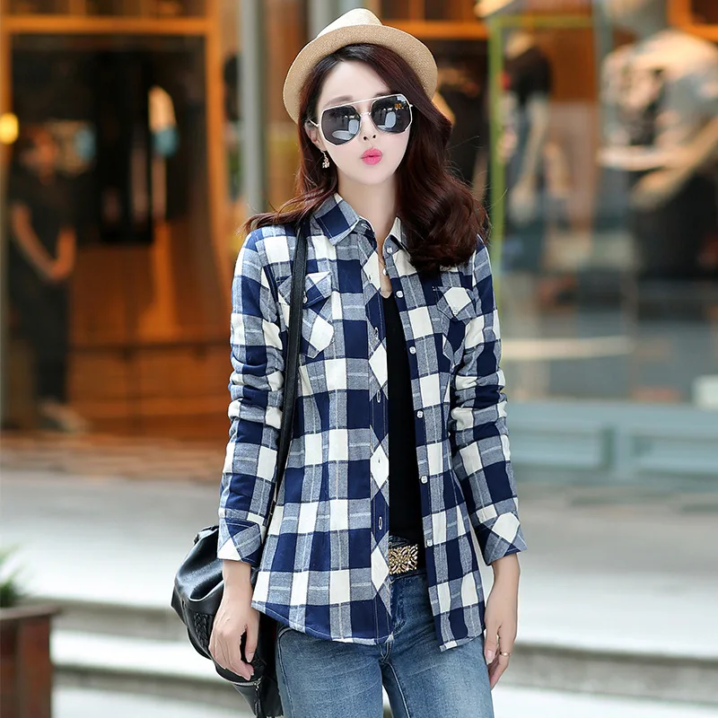 New Plus Velvet Plaid Shirts Women 2024 Autumn Winter Keep Warm Blouses Thick Tops Casual Slim Female Clothes Outwear