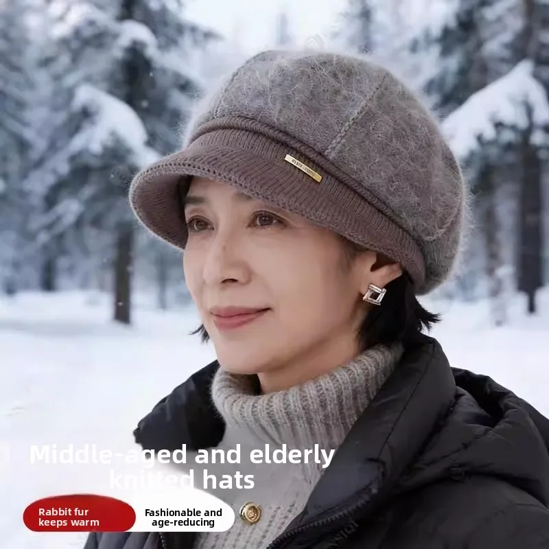 

Теплая вязаная шапка из кроличьего меха для женщин 50 лет, зимняя шапка с широкими полями и защитой ушей, утолщенная вязаная шапка
