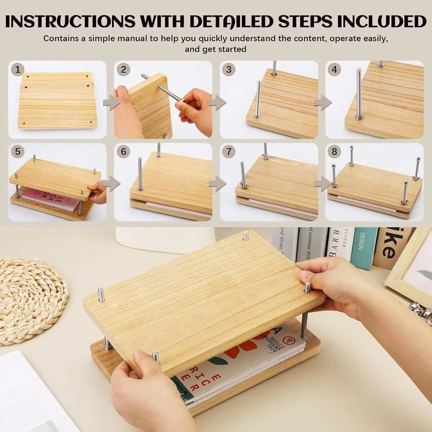 أداة تجليد الكتب الخشبية، أداة تجليد الكتب، آلة ضغط الورق المسطح لملصقات بطاقات المعايدة لتجليد الكتب على سطح المكتب #4