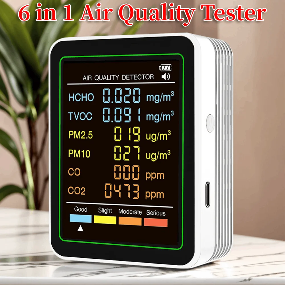 Detector de calidad del aire 6 en 1 para el hogar CO2 TVOC CO HCHO PM10 PM2.5 Monitor colgante de pared para oficina pantalla LCD Detector de CO2 de aire