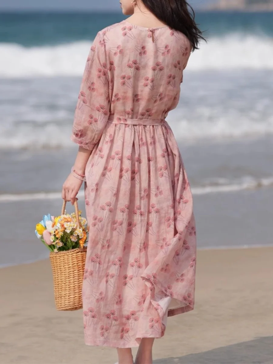 Dames été nouveau Sle décontracté coton lin Dr plage vacances jupe t-shirt quart Sve Maxi Dr imprimé fleuri coupe ample