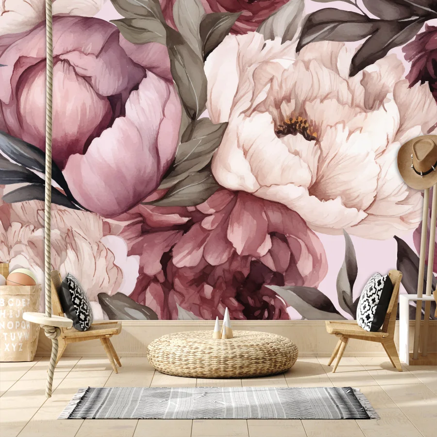 

Custom Peel and Stick Optional Wallpapers for Living Room Decoration TV Contact Wall Papers Home Decor Rose Peony Floral Murals