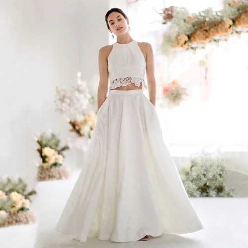 Últimos vestidos de novia personalizados de dos piezas, vestidos de novia de encaje, vestidos de novia blancos sin mangas, cuello redondo, botones en la espalda 2024