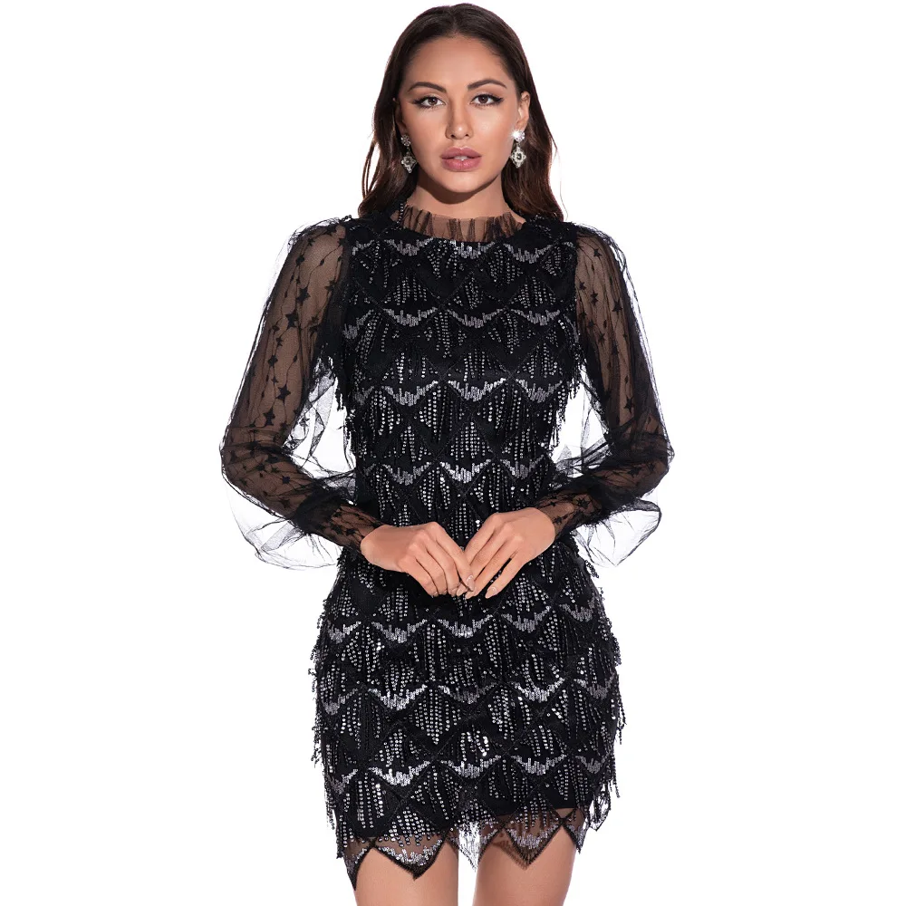 

Fringed embroidered sequined dress sexy gauze long sleeve latin practice tassel dress