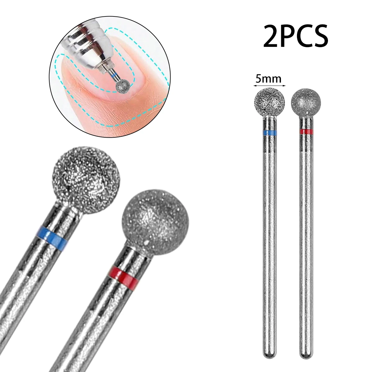 Broca para uñas con cabeza de bola limpia para cutículas de diamante, 2 uds., para máquina eléctrica, perfecta para pulido de Gel, manicura acrílica, pedicura y cutícula