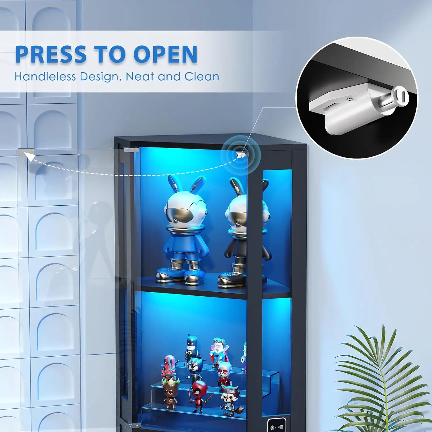 Armário de exibição de vidro de canto de 65" com luzes LED, vitrine de 4 camadas com portas de vidro e sensor de corpo humano, preto