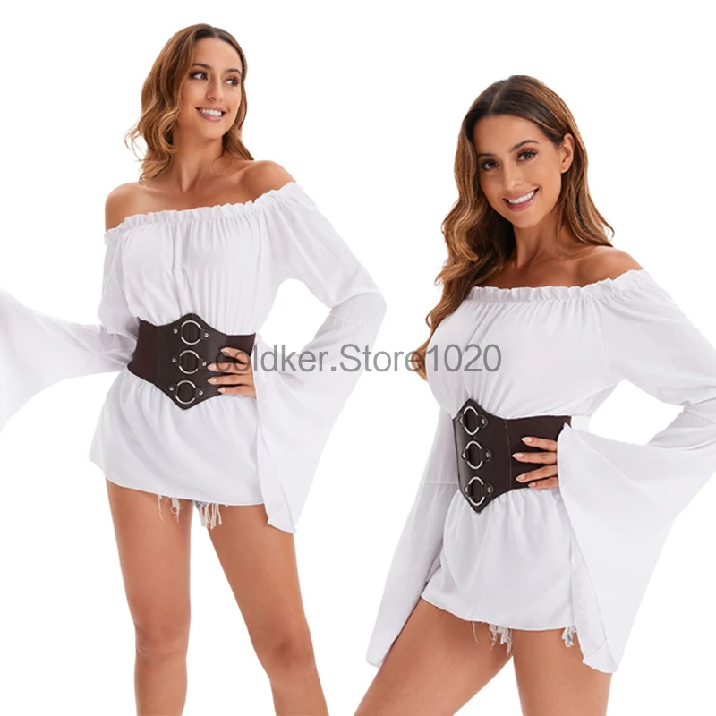 New Women Renaissance Blouse Vintage White Off Shoulder Flare Sleeves Medieval Pirate Costume Shirts Steampunk Corset Belt Tops