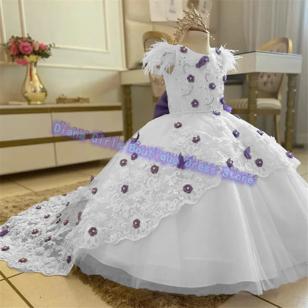 Customized Colors Flower Girl Dress Purple Decals For Wedding Ball Gown Party Girls Pageant Princess Kids Birthday Evening Gowns