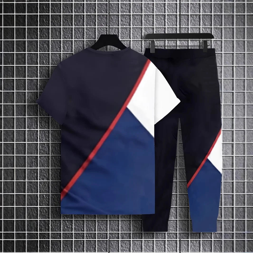 New Mens Casual Short Sleeve Set 3D Digital Printing Colorful Stripes Fashion Short Sleeve  Long Pants Suit.