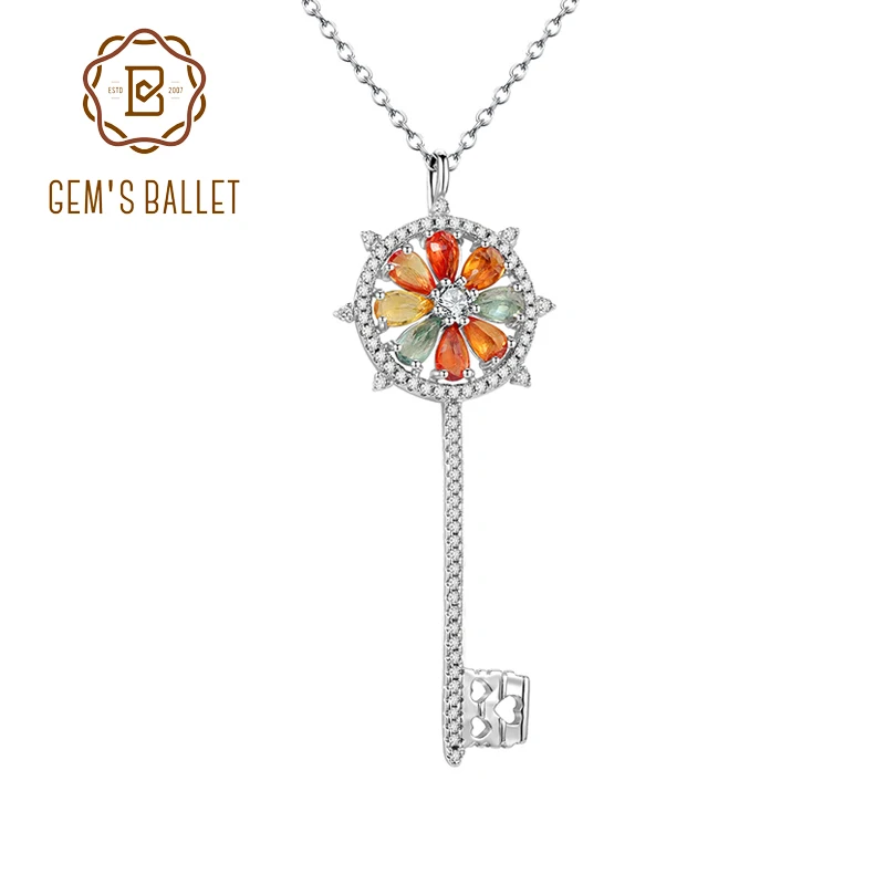 

GEM'S BALLET "Romantic Garden" Natural Multi-color Sapphire key Pendant Sweet Romance 925 Sterling Silver Pendant Gift For Her