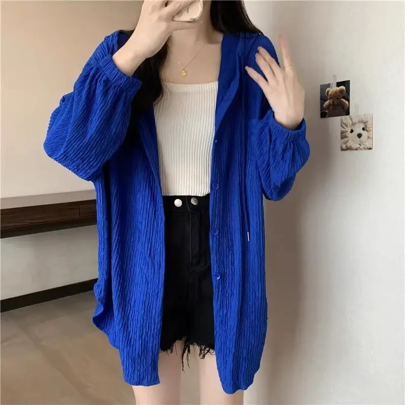 Fashion Drawstring Hooded Shirt Ice Silk Loose Long Sleeved Hooded Simple Clothing Sun Protection Tops Spring Autumn